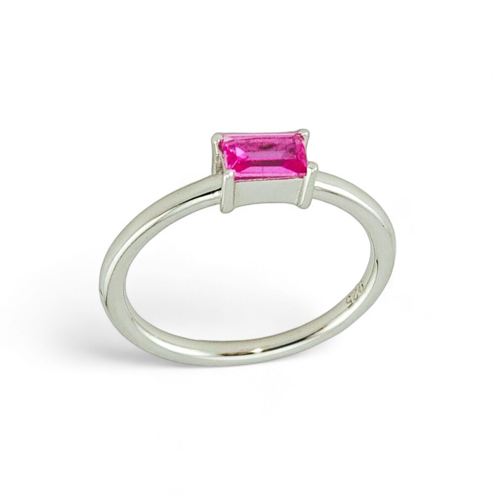 Sterling Silver 925 Dainty Baguette Straight Pink CZ Ring